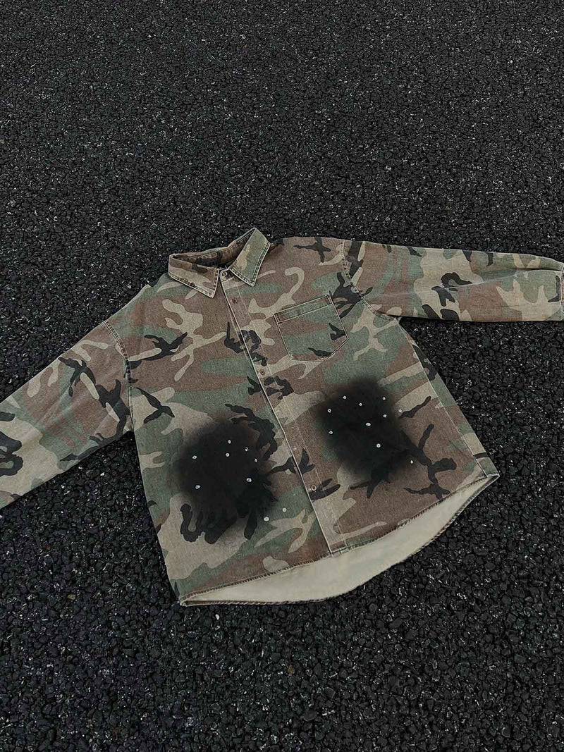 Camouflage Washed Distressed Denim Shirt