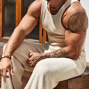 Men's Solid Color Tank Top And Trousers Beach Two-Piece Set