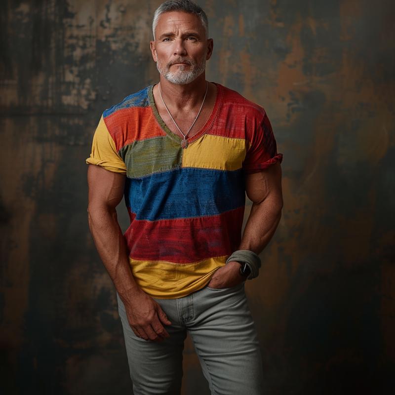 Herren-T-Shirt mit V-Ausschnitt und Farbblockdesign, kurzärmlig