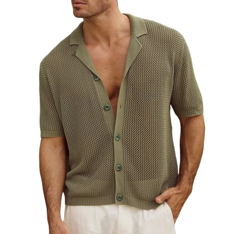 Men's Knit Solid Hollow Notch Lapel Single Breasted Short Sleeve Polo Shirt