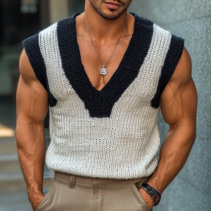 Men's Casual V Neck Contrast Color Slim Knitted Vest
