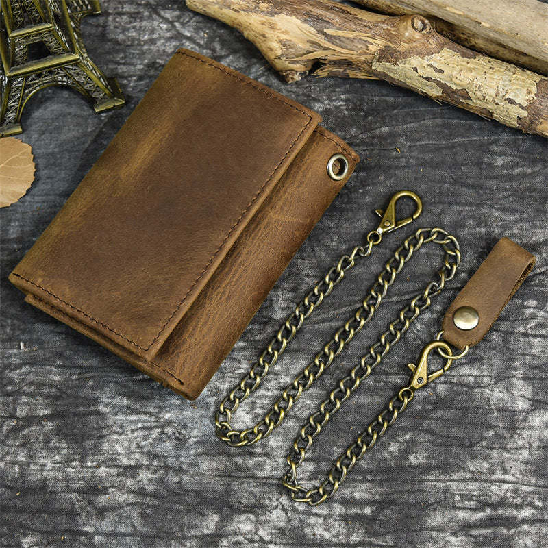 Cartera vintage de tres pliegues de cuero genuino para hombre 