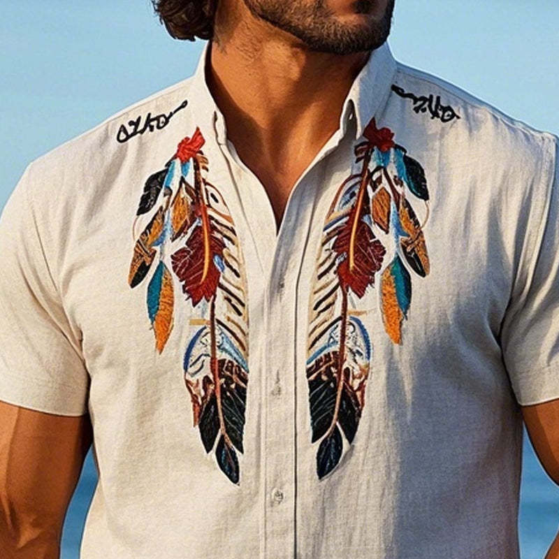Camisa de manga corta con bordado de plumas vintage para hombre