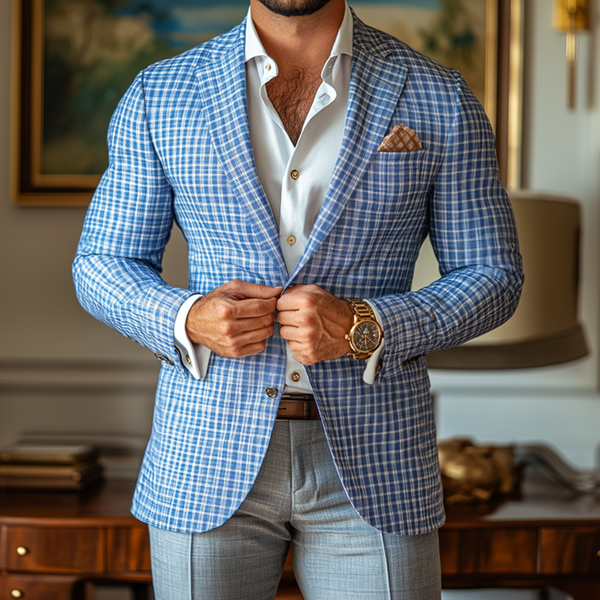 Men's Fashion Spring Summer Checked Notch Lapel Two Buttons Blazer