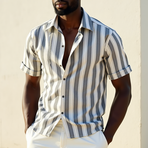 Camisa informal de manga corta holgada con solapa a rayas de mezcla de algodón para hombre