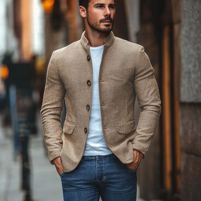 Blazer informal de lino con cuello alto y botonadura sencilla para hombre