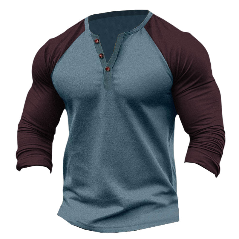 Men's Vintage Color Block Raglan Sleeve Henley Collar Long Sleeve T-shirt