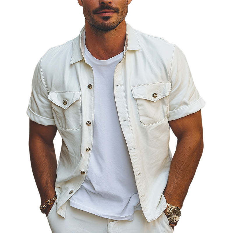 Camisa básica holgada de manga corta con solapa de verano para hombre