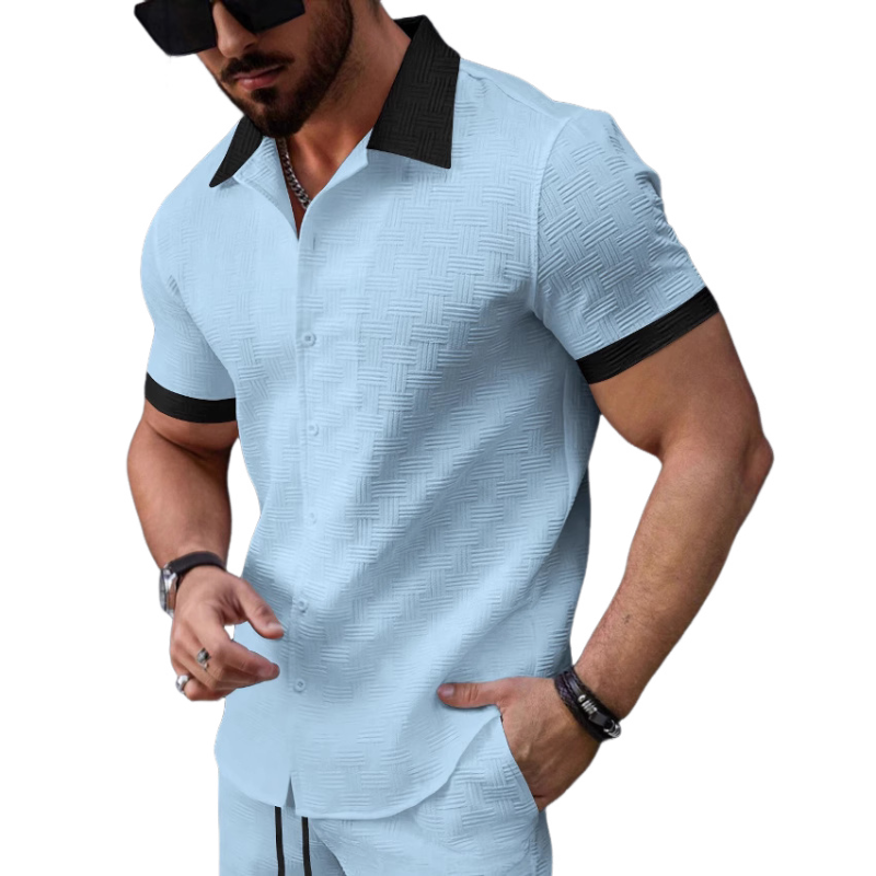 Camisa de manga corta ajustada con solapa de jacquard en contraste retro para hombre