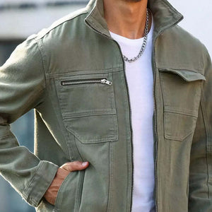 Grüne Vintage-Jeansjacke mit Reißverschluss für Herren