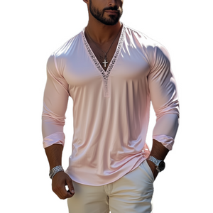 Camiseta de manga larga con escote en V profundo, informal, sexy, de encaje y satén para hombre