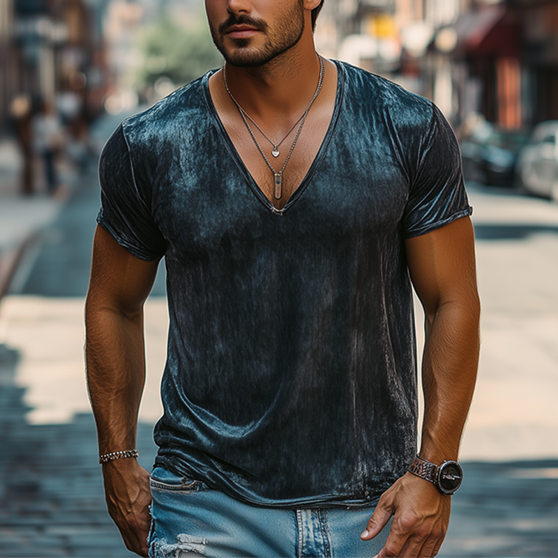 Camiseta de algodón y seda con cuello en V profundo para hombre, de moda de primavera y verano