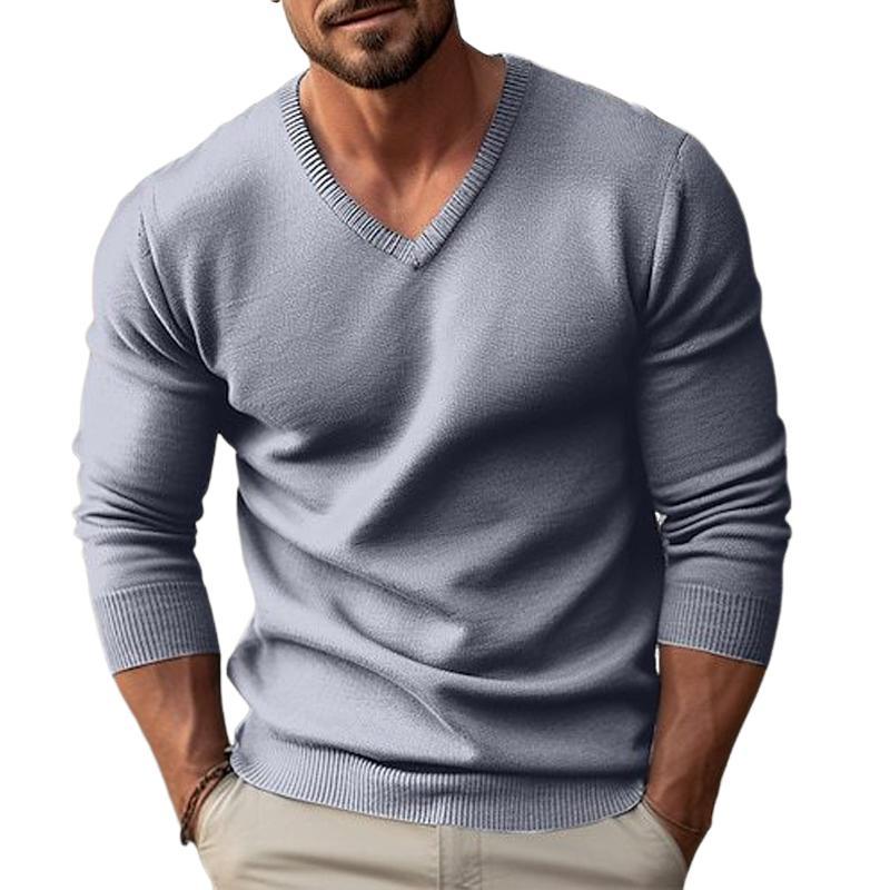 Men's Solid Color V-neck Long-sleeved Knitted Pullover Sweater