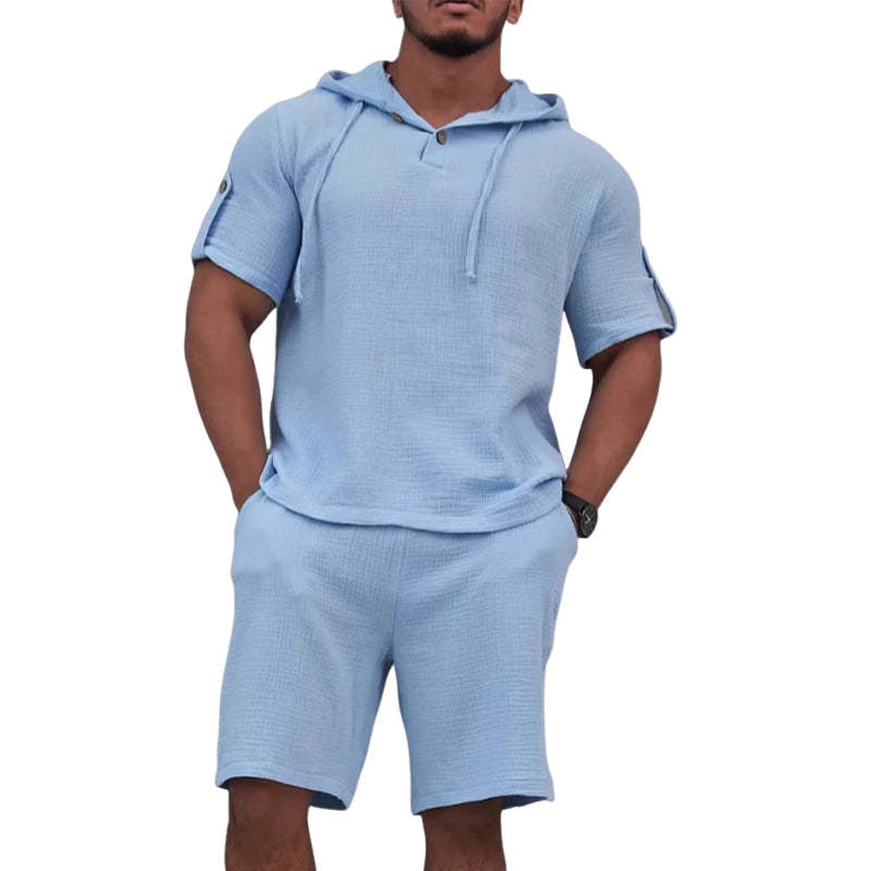 Men's Cotton And Linen Solid Color Short-Sleeved Shorts Two-Piece Set