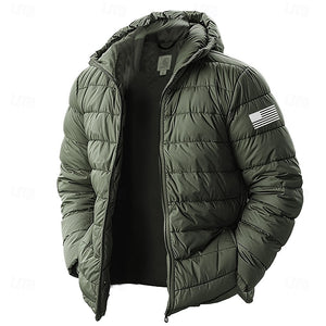 Chaqueta acolchada ligera con capucha para hombre, resistente al agua, de plumón, aislante, con bandera estadounidense, para invierno, para nieve, esquí, senderismo y viajes.