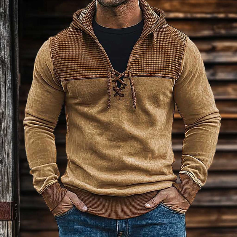 Men's Vintage Patchwork Waffle Lace-up Hoodie