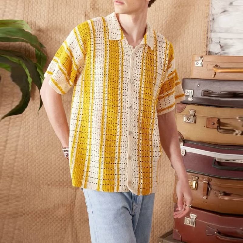 Men's Casual Contrast Striped Lapel Single-breasted Knitted Short-sleeved Cardigan