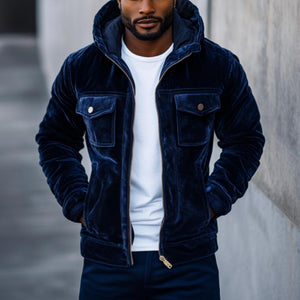 Herren Vintage Samtjacke mit mehreren Taschen und Reißverschluss, schmale Passform, Kapuzenjacke