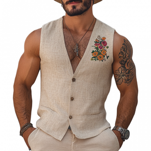 Chaleco informal de lino con bordado floral, cuello en V y botonadura sencilla, ajustado para hombre