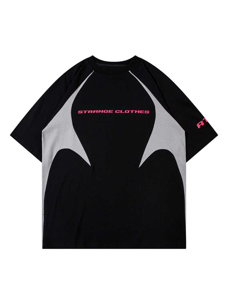 Retro Color-Blocked Deconstructed Stitching Racing T-shirt