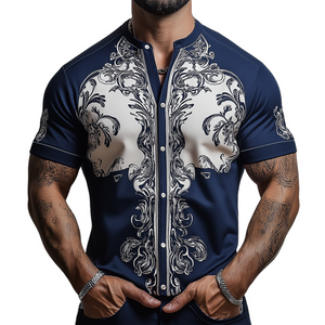 Camisa de manga corta sin cuello con estampado barroco estilo retro informal para hombre