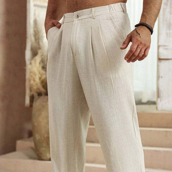 Pantalones de playa elásticos casuales de algodón y lino de color sólido para hombre 
