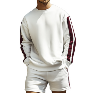 Men's Retro Casual Striped Crew Neck Sweatshirt Shorts Two-Piece Set