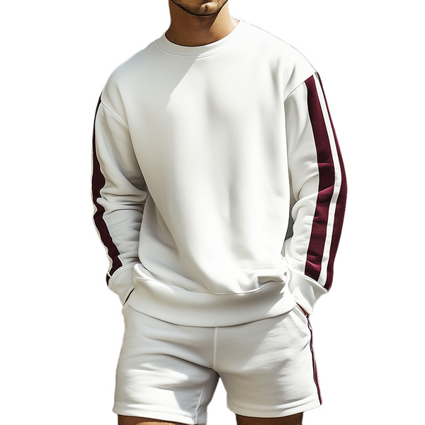 Conjunto de dos piezas de sudadera y pantalones cortos con cuello redondo y rayas informales retro para hombre