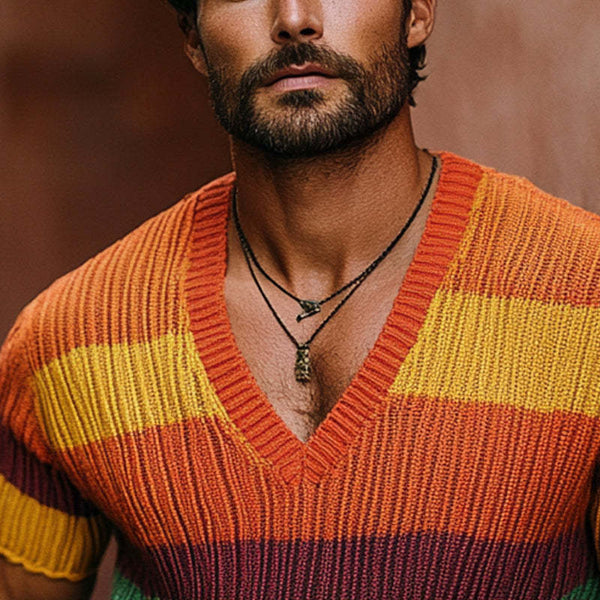 Camiseta de manga corta con cuello en V y punto arcoíris para hombre 
