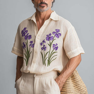 Camisa de manga corta de algodón y lino con bordado retro de moda de primavera para hombre