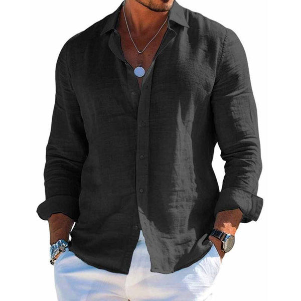 Camisa informal de algodón y lino con solapa de color liso para hombre