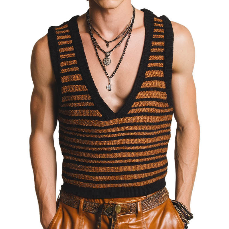 Men's Vintage Striped Knit V-Neck Tank Top