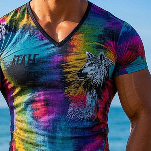 Camiseta de manga corta con cuello en V y estampado animal para hombre