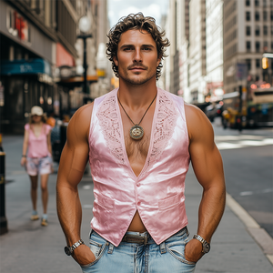 Chaleco ajustado de satén jacquard con empalme de encaje retro de moda de primavera para hombre