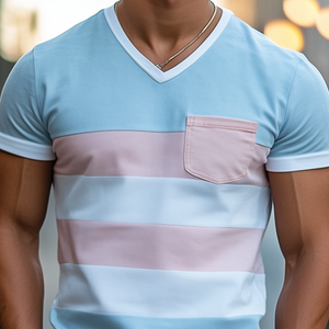 Men's Personalized Casual V-neck Bright Suede Stitching Short-sleeved T-shirt