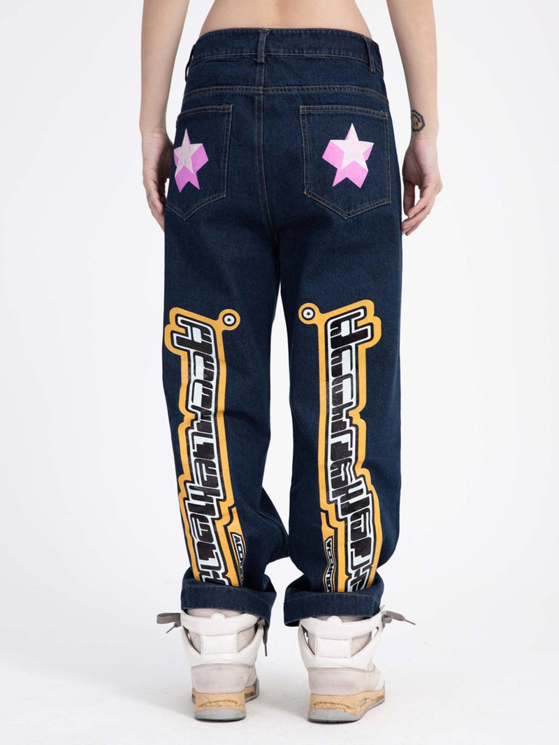 Star Letter Print Jeans