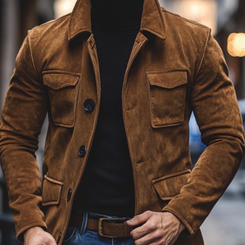 Men's Vintage Lapel Suede Multi-Pocket Loose Jacket