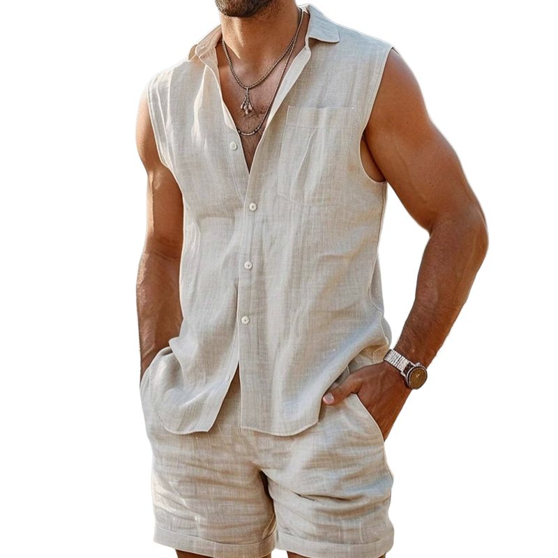 Men's Casual Linen Lapel Sleeveless Shirt Elastic Waist Loose Shorts Set