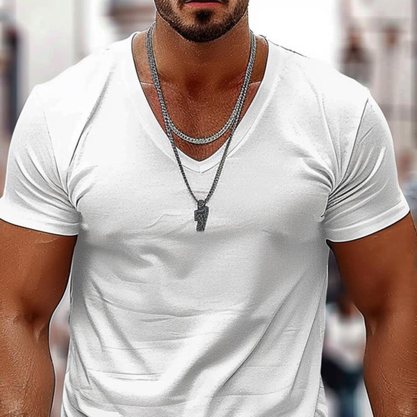 Camiseta informal de algodón de manga corta con cuello en V y color liso para hombre