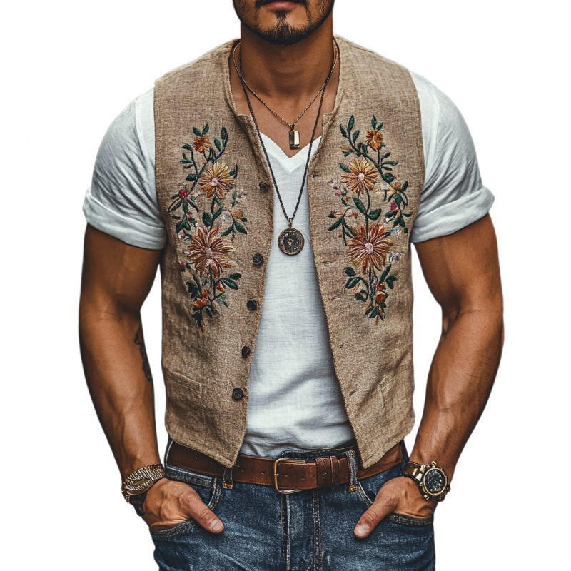 Men's Casual Linen Floral Embroidery Single Breasted Slim Fit Suit Vest