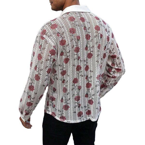 Men's Knitted Rose Jacquard Long Sleeve Shirt