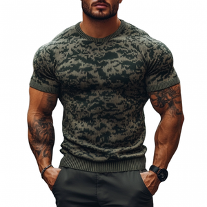 Herren Outdoor Camouflage Jacquard Rundhals Slim Fit Gestricktes Kurzarm-Pullover-T-Shirt
