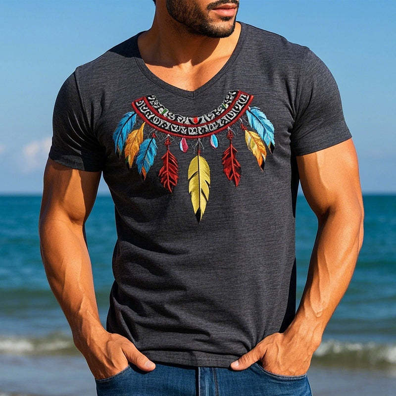 Men's Cotton Blend Feather Embroidered Short Sleeve T-Shirt