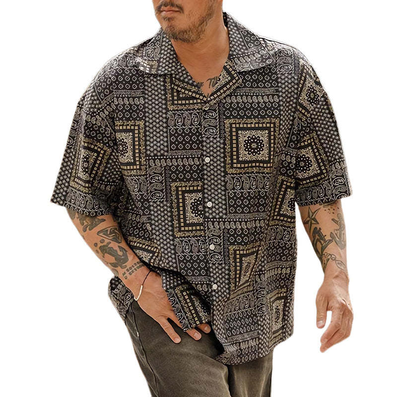 Camisa informal de verano holgada con estampado de manga corta para hombre