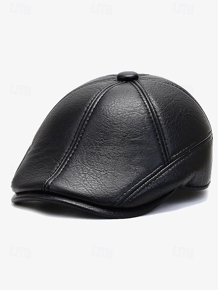 Men's Faux Leather Beret with Ear Flaps – Stylish Winter Hat with Ear Protection for Casual Wear and Outdoor Activities