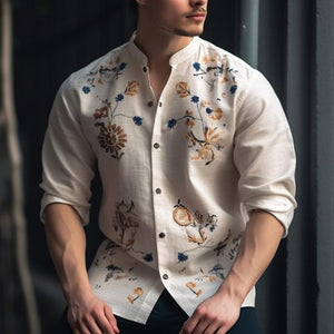 Camisa informal de manga larga con cuello redondo y estampado floral para hombre