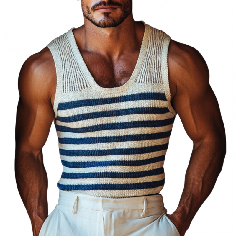 Lässiges, gestreiftes Slim Fit-Strick-Tanktop für Herren mit U-Ausschnitt in Marineblau