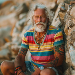 Men's Vintage Rainbow Stripe Print Crew Short Sleeve T-Shirt