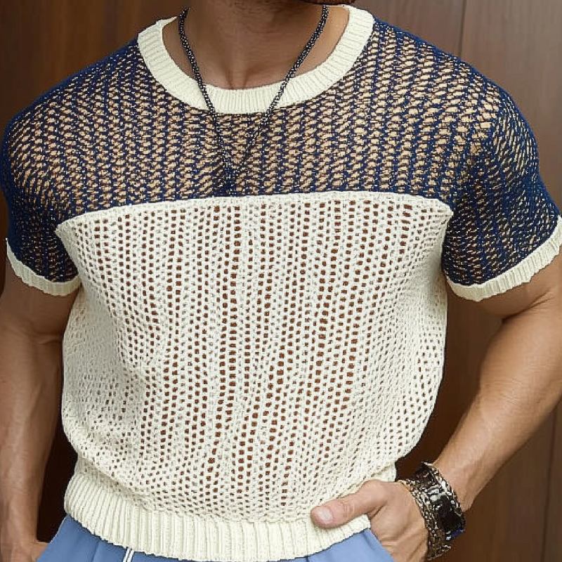Camiseta informal de punto de manga corta con cuello redondo y bloques de color para hombre