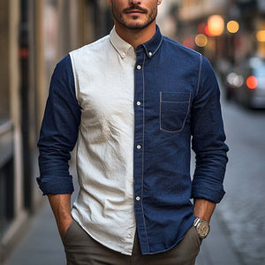 Men's Spring And Autumn Cotton And Linen Contrast Color Stitching Shirt